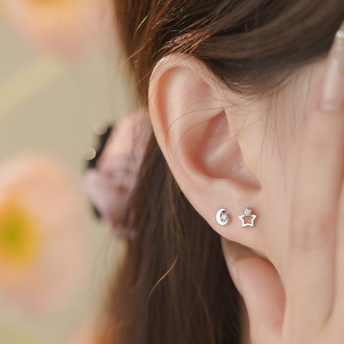 999 Fine Silver Asymmetric Star Moon Screw Back Earrings - Image 4