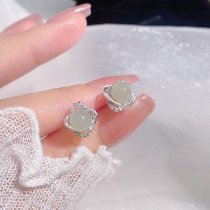 999 Fine Silver Hetian Jade Four Leaf Clover Stud Earrings - Image 3