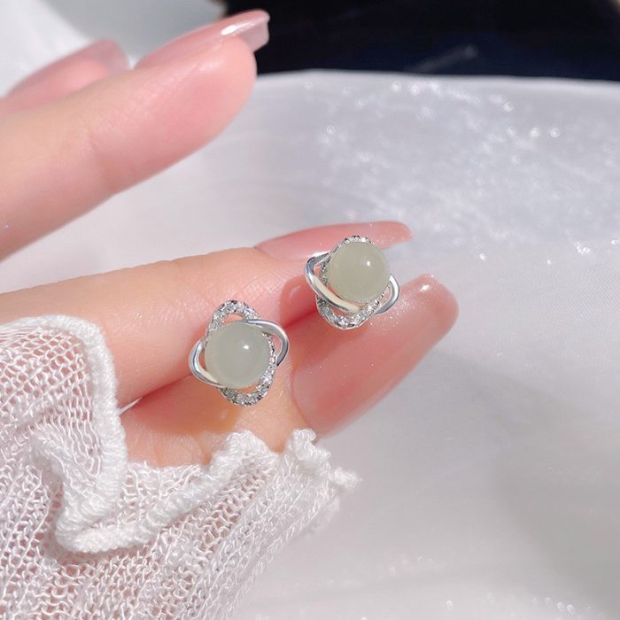 999 Fine Silver Hetian Jade Four Leaf Clover Stud Earrings - Image 3
