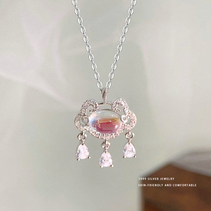 999 Fine Silver Iridescent Peace Lock Teardrop Tassel Necklace - Image 4
