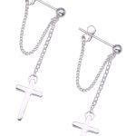 Full 925 Sterling Silver Cross Chain Tassel Hoop Earrings