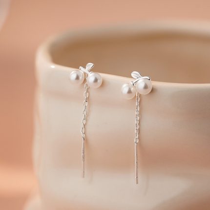 999 Fine Silver Cherry Pearl Threader Earrings - Image 3