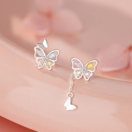 999 Fine Silver Butterfly Tassel Ice Flower zircon Stud Earrings - Image 3