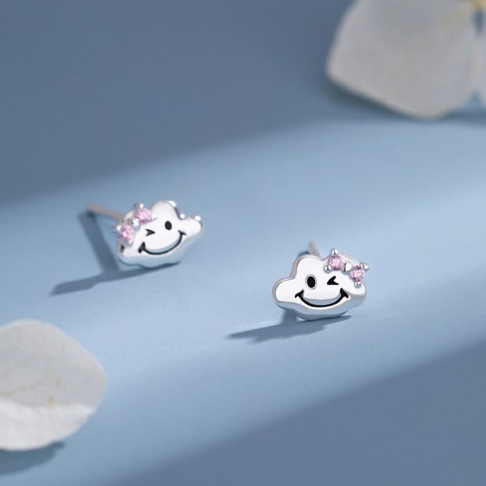 999 Fine Silver Cloud Smiley Face Stud Earrings - Image 4