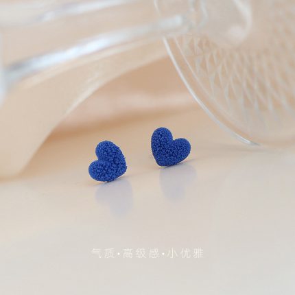 Vintage Unique Klein Blue Plush Heart Stud Earrings - Image 3