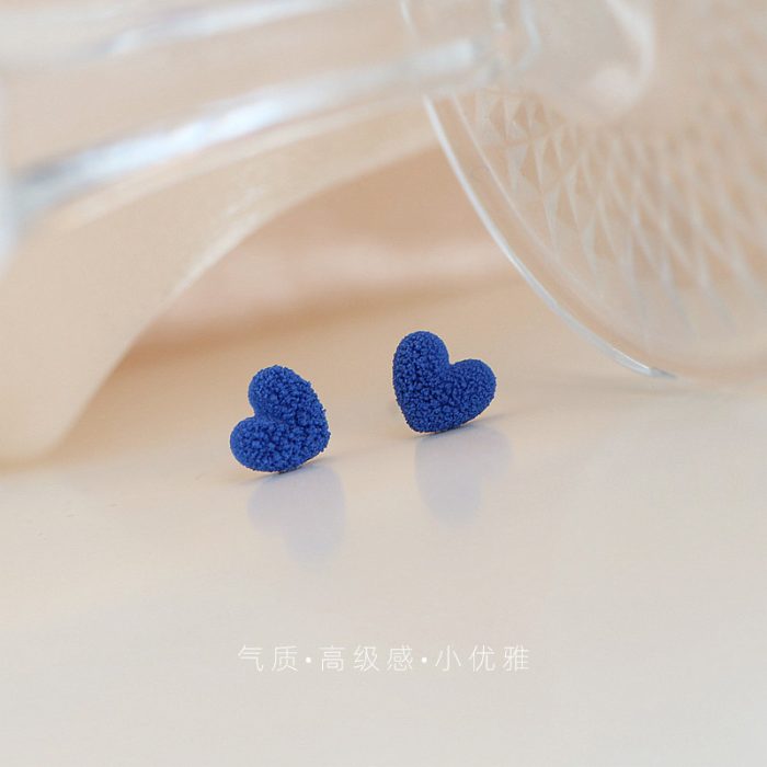 Vintage Unique Klein Blue Plush Heart Stud Earrings - Image 3