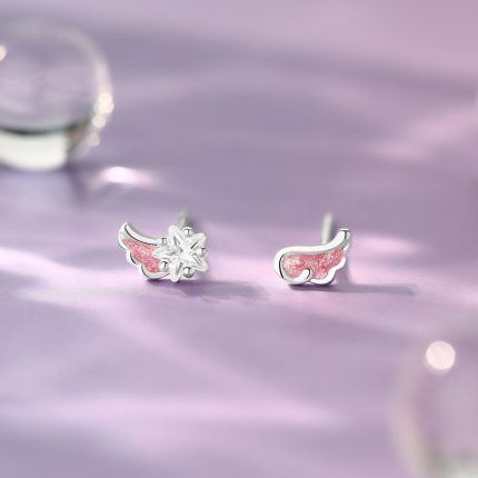 999 Fine Silver Pink Wing Star Wish Wing Star CZ Stud Earrings - Image 4