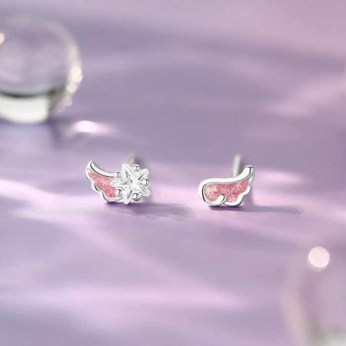 999 Fine Silver Pink Wing Star Wish Wing Star CZ Stud Earrings - Image 4