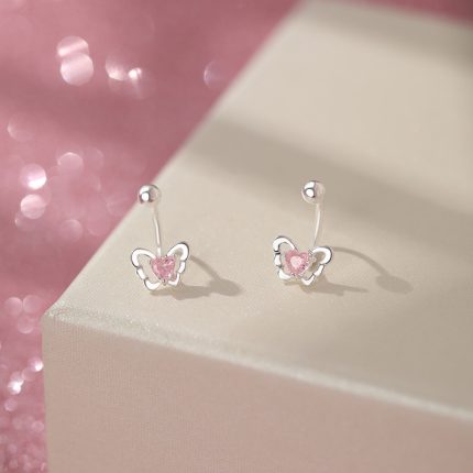 999 Fine Silver Pink Heart Modern Stud Earrings - Image 4