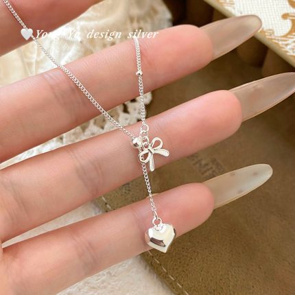 925 Sterling Silver Heart Bow Drawstring Necklace - Image 3