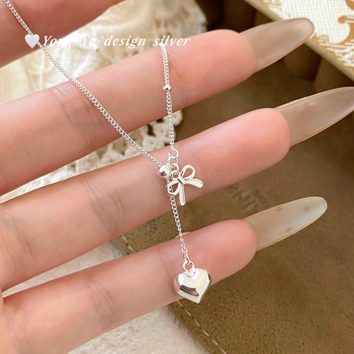 925 Sterling Silver Heart Bow Drawstring Necklace - Image 3