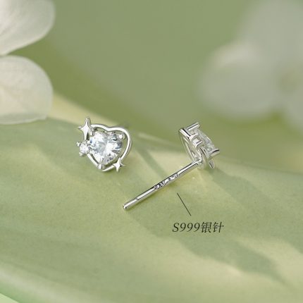 999 Fine Silver Needle Minimalist Gentle Heart CZ Stud Earrings - Image 6