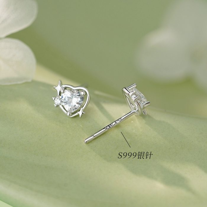 999 Fine Silver Needle Minimalist Gentle Heart CZ Stud Earrings - Image 6