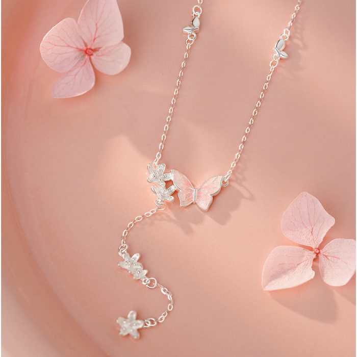 999 Fine Silver Enamel Butterfly Floral Tassel Necklace - Image 3