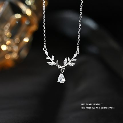 999 Fine Silver Light Luxury Elegant Laurel Goddess Leaf Teardrop Zircon Necklace - Image 5