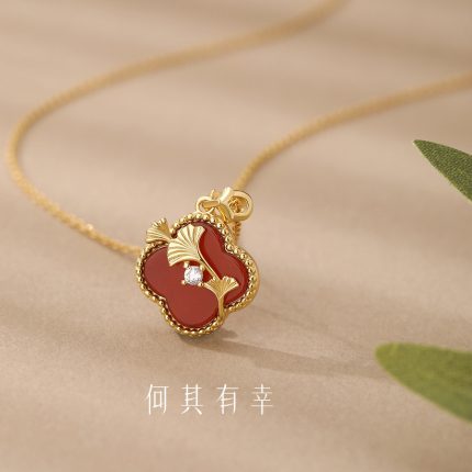 925 Sterling Silver New Chinese Style Red Agate Ginkgo Leaf Necklace - Image 6