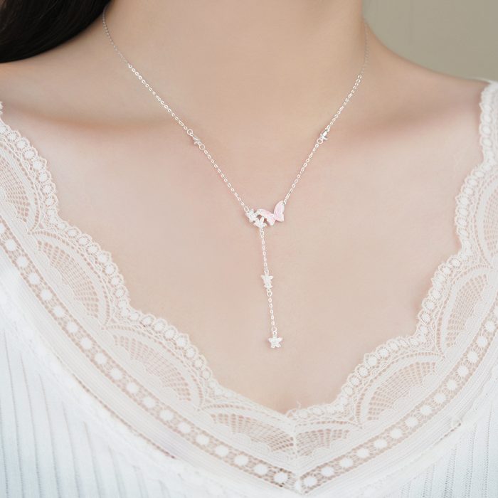 999 Fine Silver Enamel Butterfly Floral Tassel Necklace - Image 2