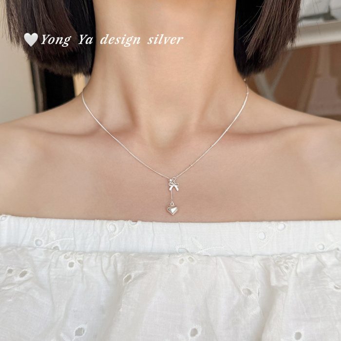 925 Sterling Silver Heart Bow Drawstring Necklace - Image 2
