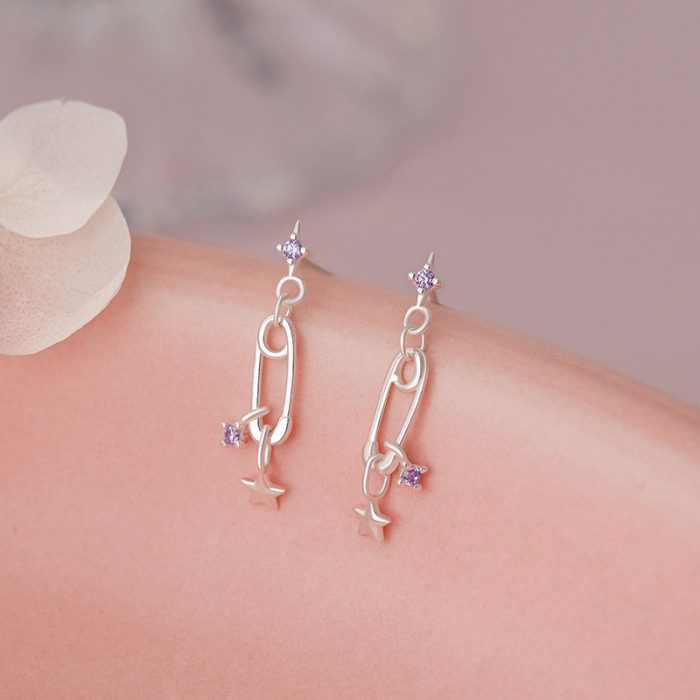 925 Sterling Silver Korean Style Safety Pin Star Stud Earrings - Image 6
