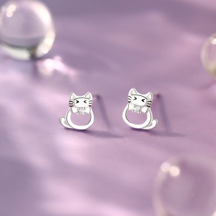 999 Fine Silver Hollow Cat Stud Earrings - Image 6