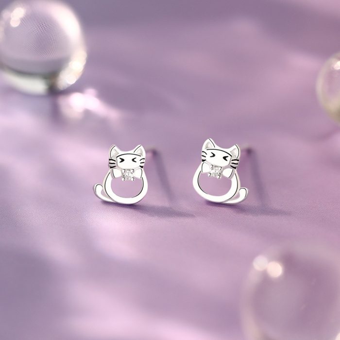 999 Fine Silver Hollow Cat Stud Earrings - Image 6