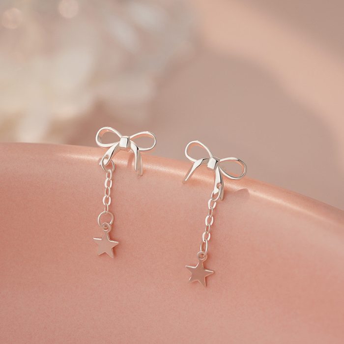 925 Sterling Silver Bow Five Point Star Stud Earrings - Image 6