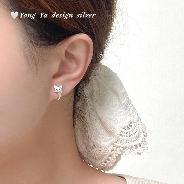 999 Fine Silver Korean Style Cat Enamel Back Hanging Earrings - Image 2