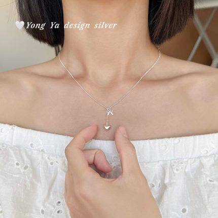 925 Sterling Silver Heart Bow Drawstring Necklace - Image 4