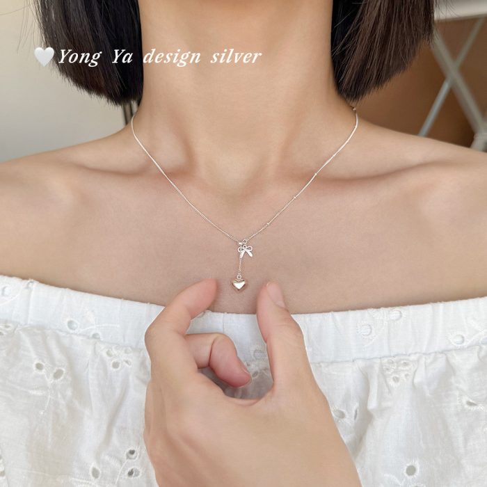 925 Sterling Silver Heart Bow Drawstring Necklace - Image 4