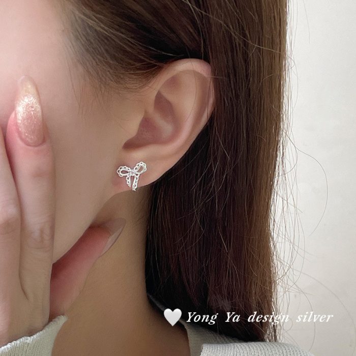 999 Fine Silver Sweet Cute Bow Stud Earrings - Image 5