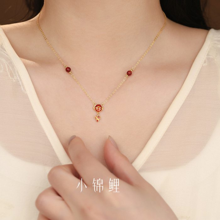 999 Fine Silver Little Koi Fish Red Agate Necklace - Image 2