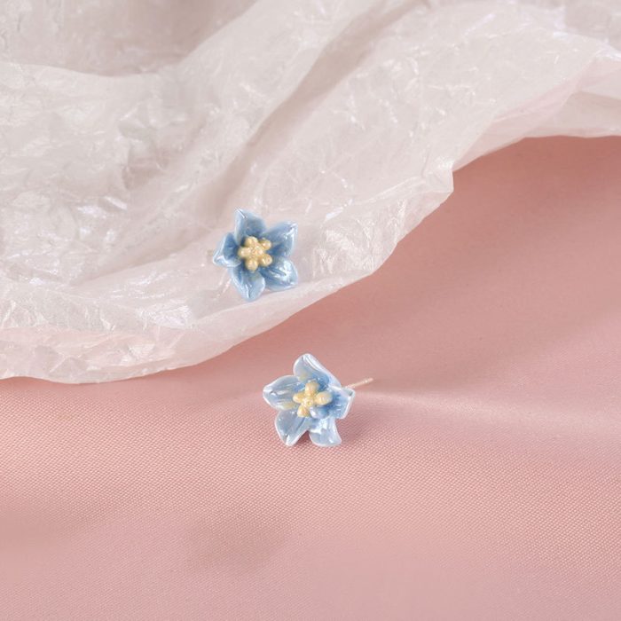 925 Sterling Silver Blue Camellia Stud Earrings - Image 5