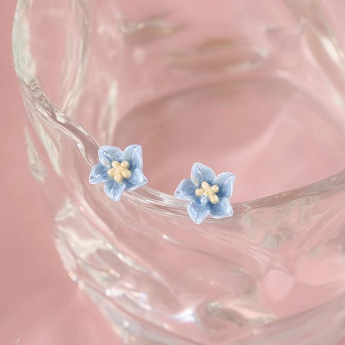 925 Sterling Silver Blue Camellia Stud Earrings - Image 4