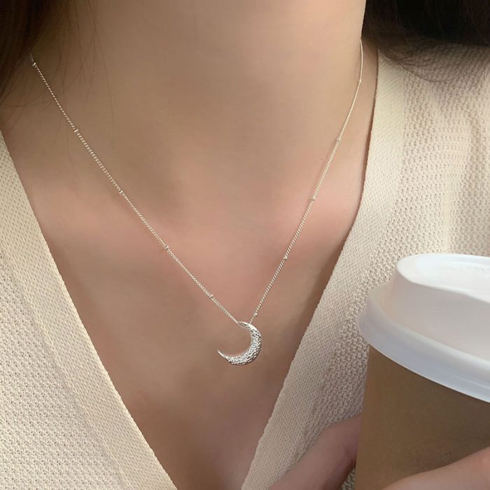 925 Sterling Silver Texture Lava Moon Necklace - Image 2