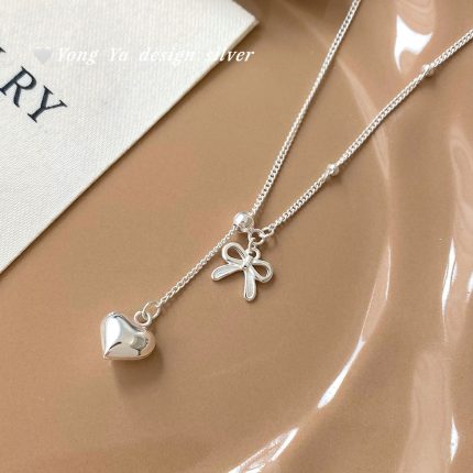 925 Sterling Silver Heart Bow Drawstring Necklace - Image 6