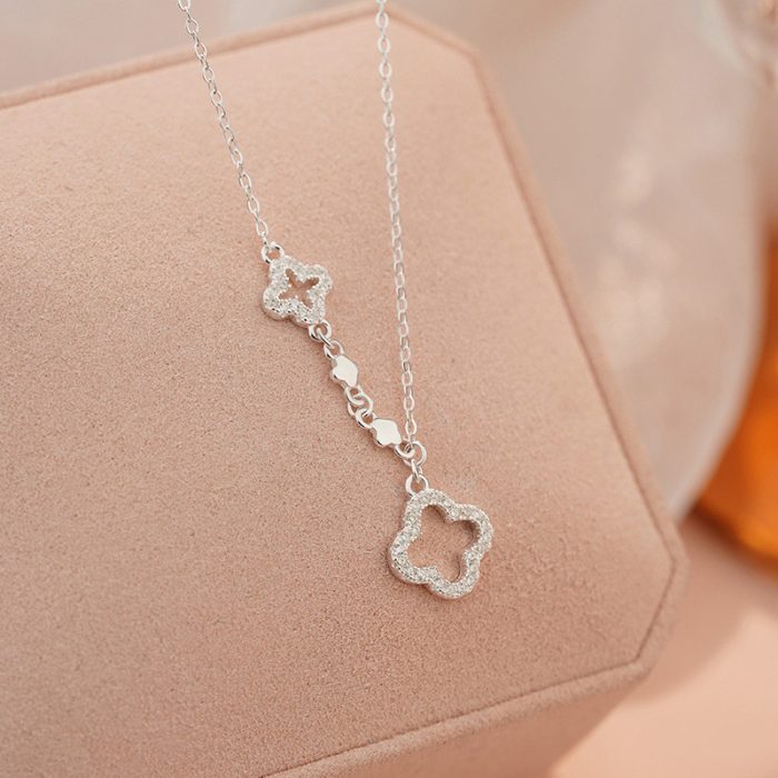 925 Sterling Silver Fresh Hollow Four Leaf Flower Necklace - Image 5