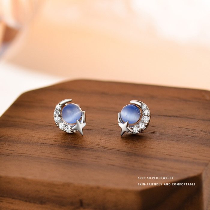 999 Fine Silver Blue Cat Eye Moon Planet Stud Earrings - Image 6