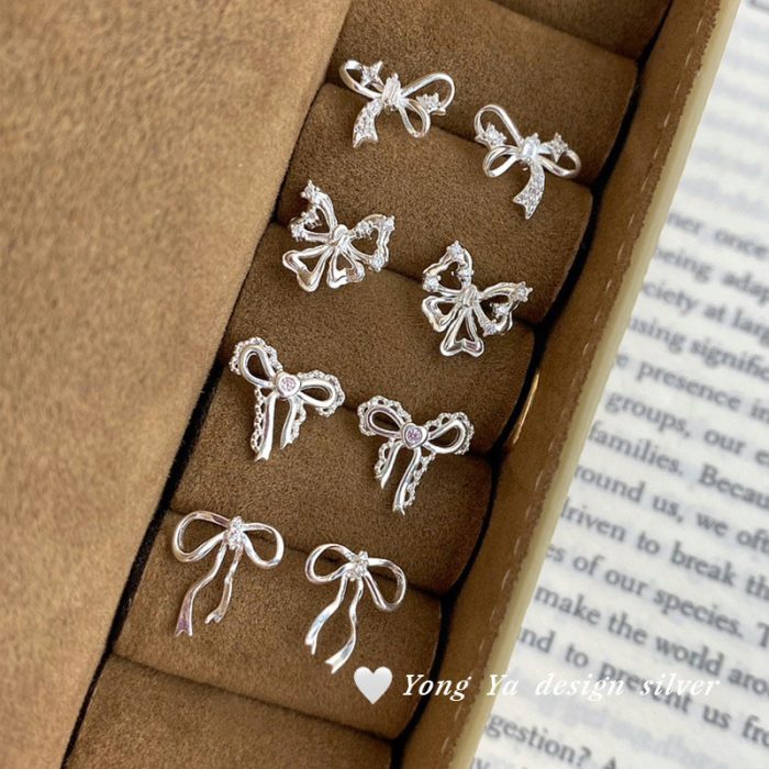 999 Fine Silver Sweet Cute Bow Stud Earrings - Image 4