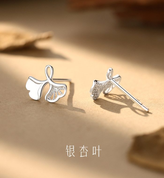 999 Fine Silver Elegant Forest Apricot Leaf Straight Post Stud Earrings - Image 3