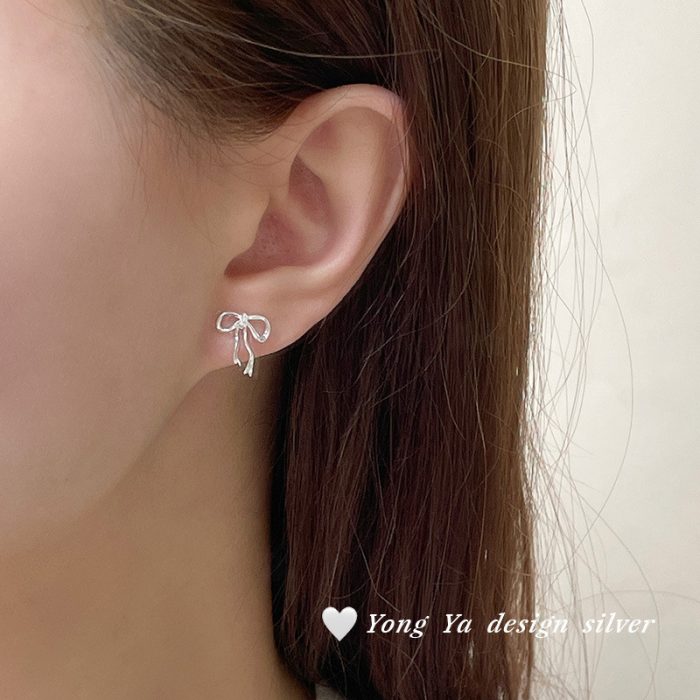 999 Fine Silver Sweet Cute Bow Stud Earrings - Image 2