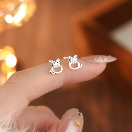 999 Fine Silver Hollow Cat Stud Earrings - Image 5