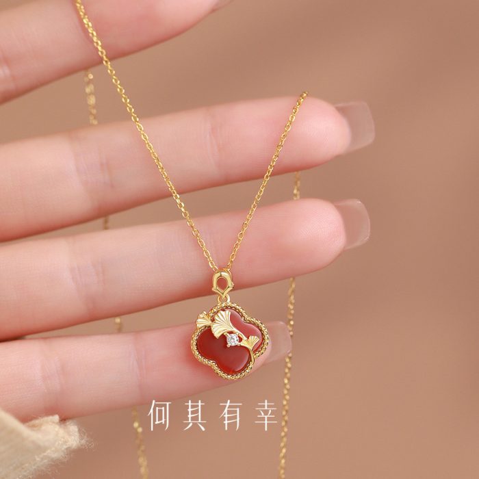 925 Sterling Silver New Chinese Style Red Agate Ginkgo Leaf Necklace - Image 5