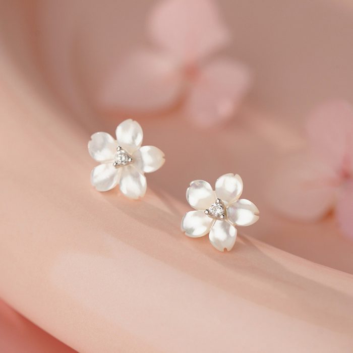 925 Sterling Silver New Elegant White Shell Floral Stud Earrings - Image 5