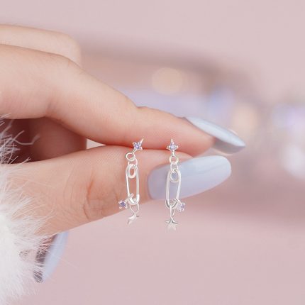 925 Sterling Silver Korean Style Safety Pin Star Stud Earrings - Image 5