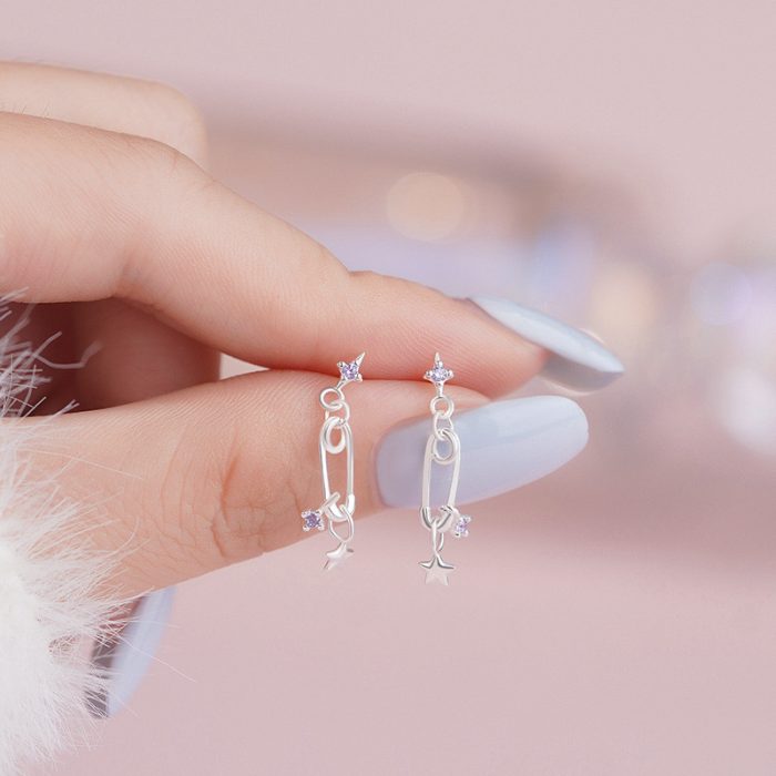925 Sterling Silver Korean Style Safety Pin Star Stud Earrings - Image 5