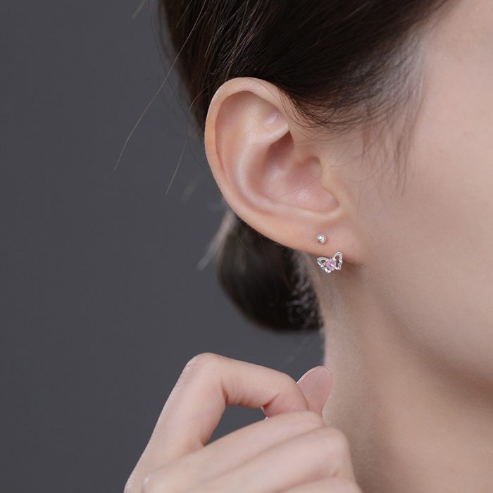 999 Fine Silver Pink Heart Modern Stud Earrings - Image 2