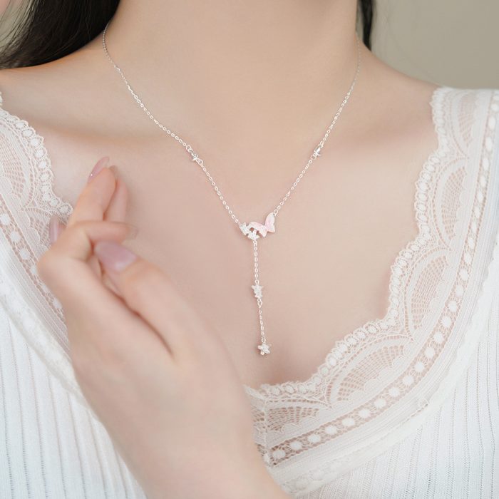 999 Fine Silver Enamel Butterfly Floral Tassel Necklace - Image 6
