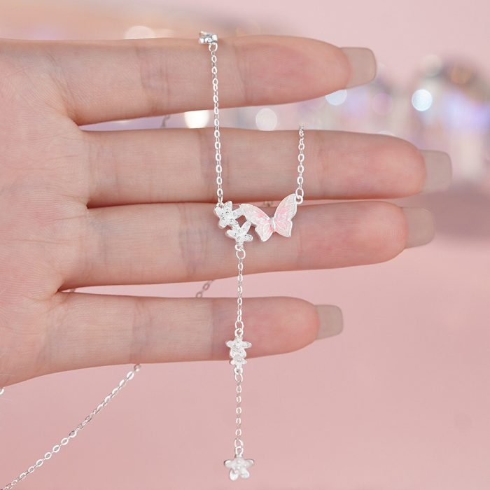 999 Fine Silver Enamel Butterfly Floral Tassel Necklace - Image 5
