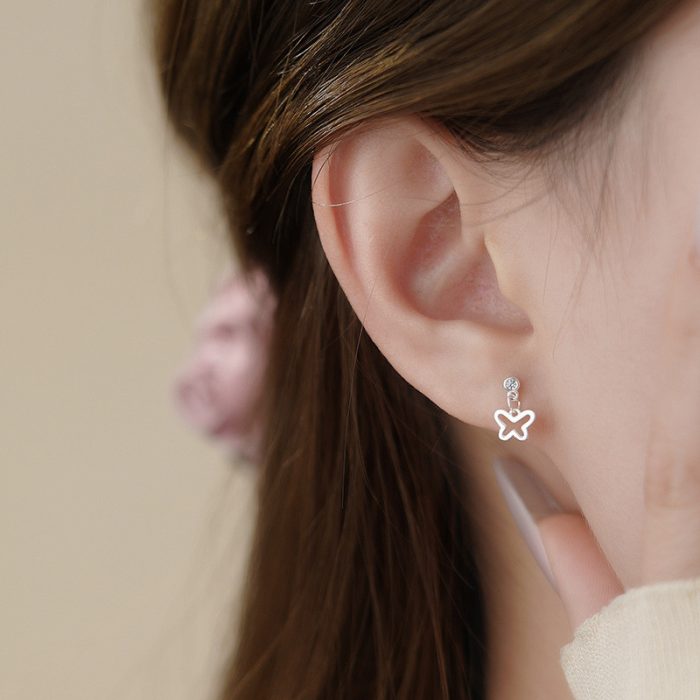 925 Sterling Silver Exquisite CZ Butterfly Small Tassel Hoop Earrings - Image 4