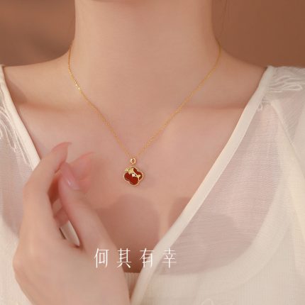 925 Sterling Silver New Chinese Style Red Agate Ginkgo Leaf Necklace - Image 4